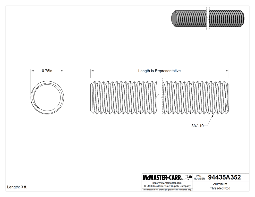 Technical Drawing of Aluminum Threaded Rod, 3/4"-10 Thread Size, 3 Feet Long.